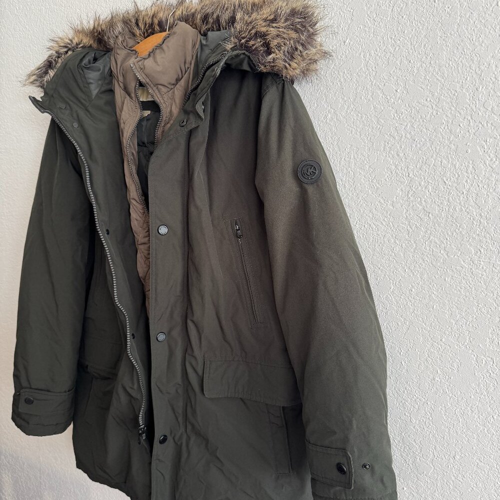 Michael Michael Kors Men's Olive Green Faux Fur Hooded Bib Snorkel Parka.